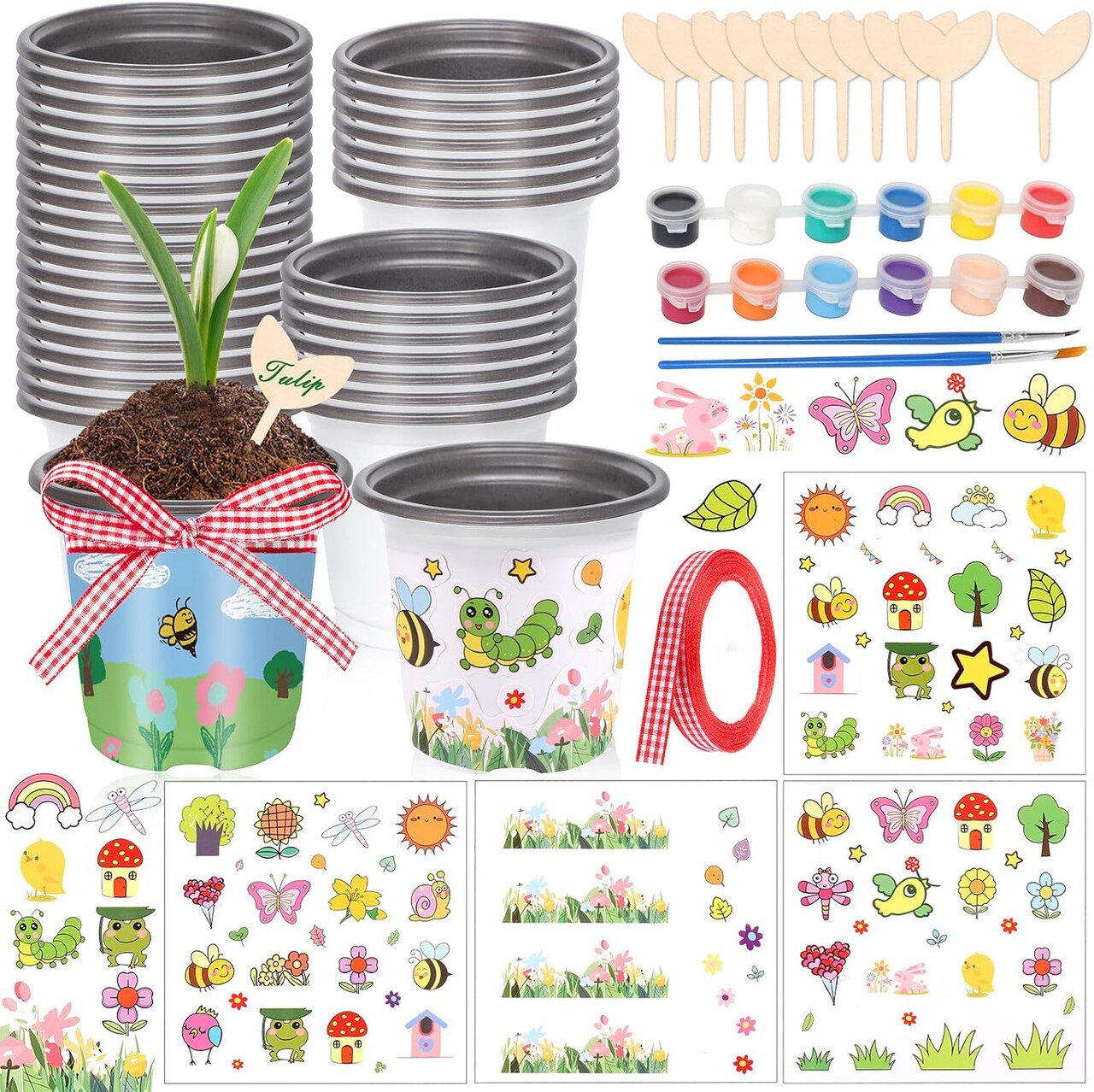 Spring Garden Plastic Pot Activity Craft Kit 32 Nursery Pots with 32 Stickers 32 Plant Labels 4 Painting Tools and 1 Ribbon for Kids Flower Plant Spring Graduation DIY Crafts Painting Gardening Growing Tools
